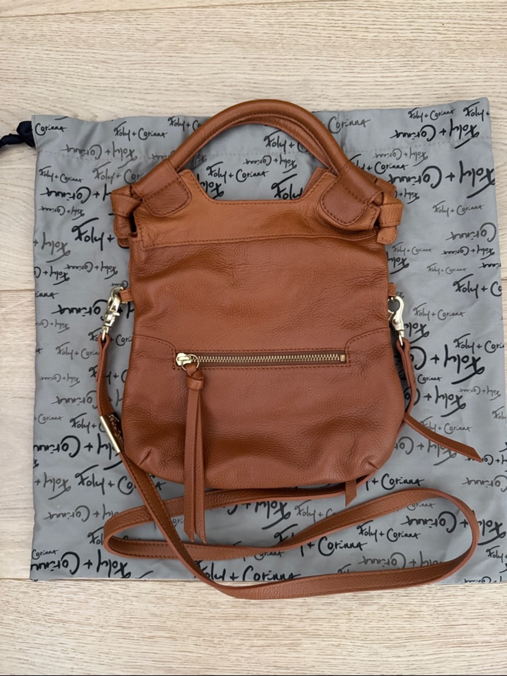 Foley + Corinna Cognac Brown Pebbled Leather Crossbody, includes purse dust bag.